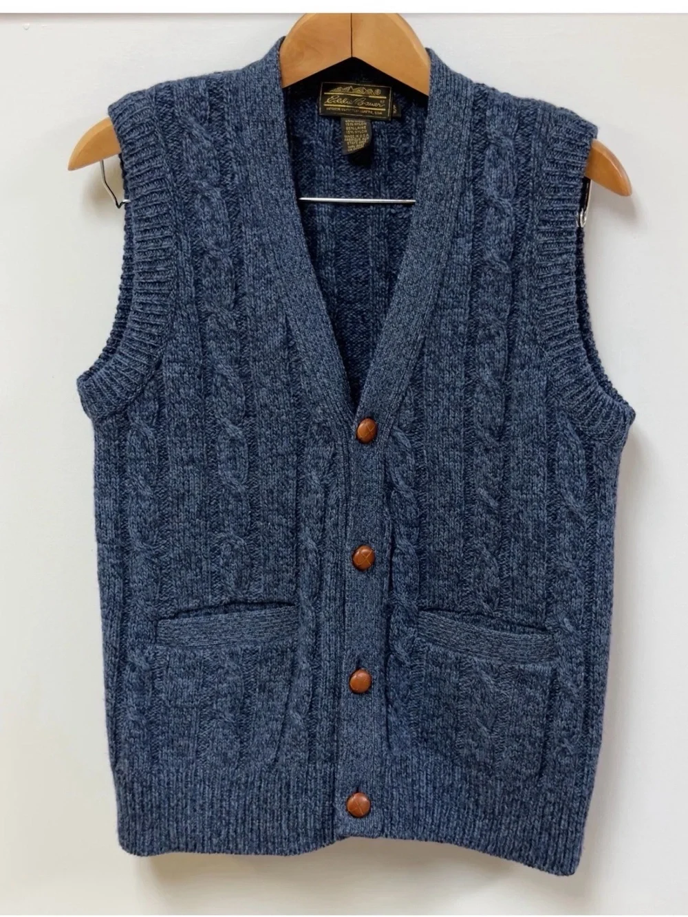VTG Eddie Bauer Wool Cable Knit Sweater Vest Heathered Gray USA Made Mens Sz S